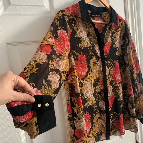 Cynthia Rowley Sheer Rose Floral & Black Blouse - Picture 4 of 10